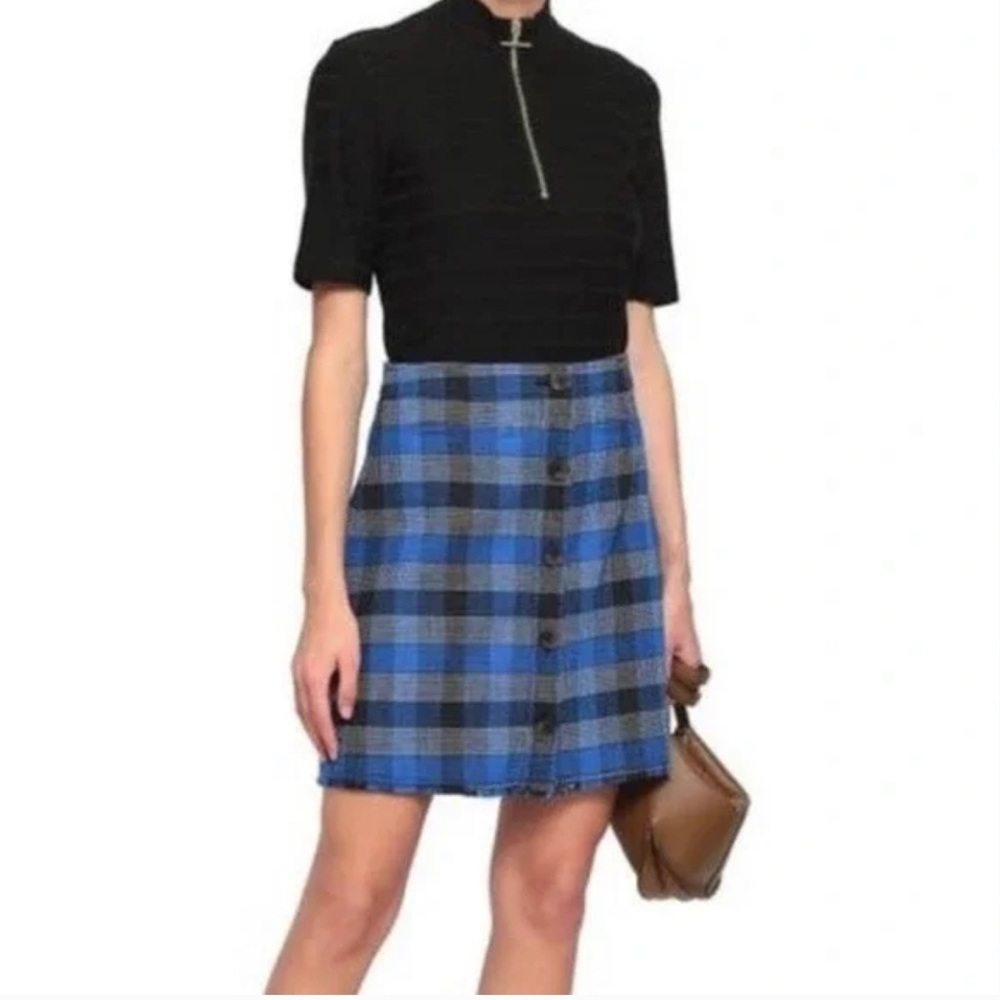 10 Crosby Derek Lam Tweed Mini Skirt Blue Plaid Button